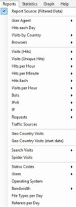 Nabídka Reports v Apache Logs Vieweru s přehledy jako Visits by Country, Browsers a Status Codes