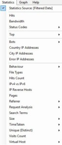 Nabídka Statistics v Apache Logs Vieweru s volbami Hits, Bandwidth, Status Codes a Bots
