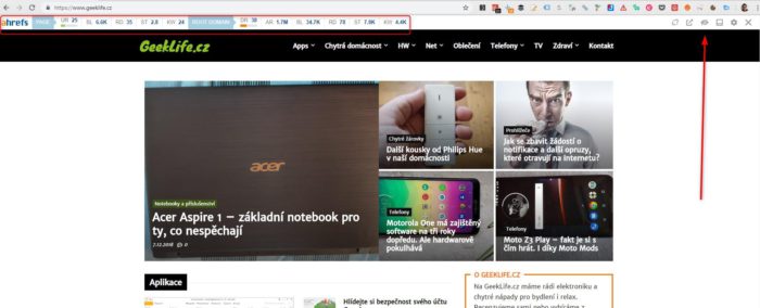Novinky v Ahrefs Toolbaru! 1 Takto vypadá aktivované rozšíření od Ahrefs v novém kabátku