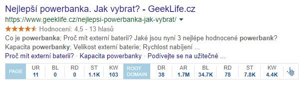 Novinky v Ahrefs Toolbaru! 2 Nová lišta Ahrefs Toolbar pod výsledkem Google s metrikami UR, BL, RD, ST, KW a DR, ukázka pro článek na GeekLife.cz