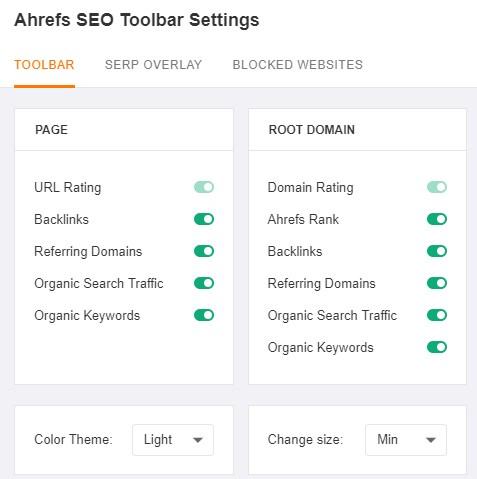 Novinky v Ahrefs Toolbaru! 3 Nastavení rozšíření Ahrefs SEO Toolbar s přepínači metrik pro stránku a doménu a volbou barevného tématu a velikosti