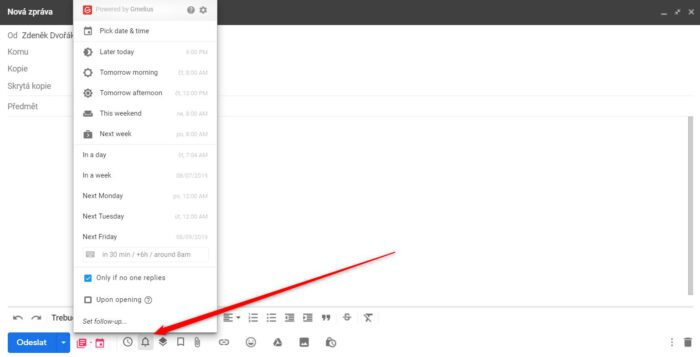 Gmelius: vaše tajná superzbraň pro Gmail 1 Nová zpráva v Gmailu s nabídkou Gmelius pro nastavení follow-upu, červená šipka míří na ikonu zvonku