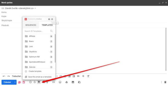 Gmelius: vaše tajná superzbraň pro Gmail 3 Nabídka šablon v Gmelius přímo v nové zprávě v Gmailu, šablony jsou rozdělené do složek, šipka míří na ikonu šablon
