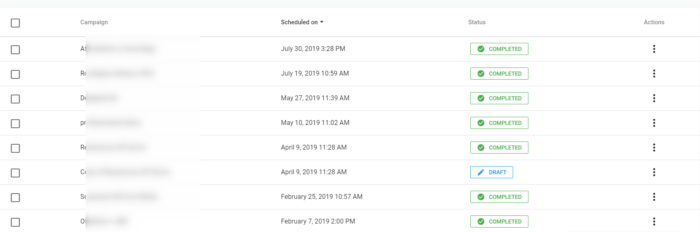 Gmelius: vaše tajná superzbraň pro Gmail 4 Přehled kampaní v Gmelius s datem plánovaného odeslání a stavem Completed nebo Draft u každé kampaně