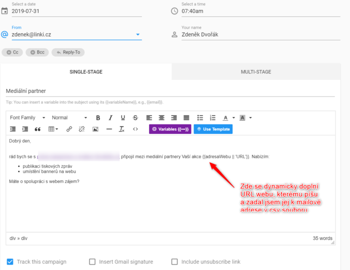 Gmelius: vaše tajná superzbraň pro Gmail 5 Nastavení kampaně v Gmelius s předmětem a textem zprávy, šipka ukazuje proměnnou, která se doplní z csv souboru