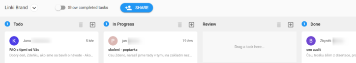 Gmelius: vaše tajná superzbraň pro Gmail 6 Kanbanová nástěnka Linki Brand v Gmelius se sloupci Todo, In Progress, Review a Done a kartami e-mailových konverzací