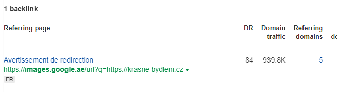 Odkaz v Ahrefs z domény images.google.ae, stránka s upozorněním na přesměrování vedoucí na cizí web