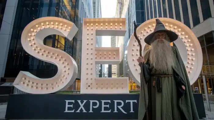 Postava v kostýmu čaroděje podobného Gandalfovi před velkým světelným nápisem SEO Expert
