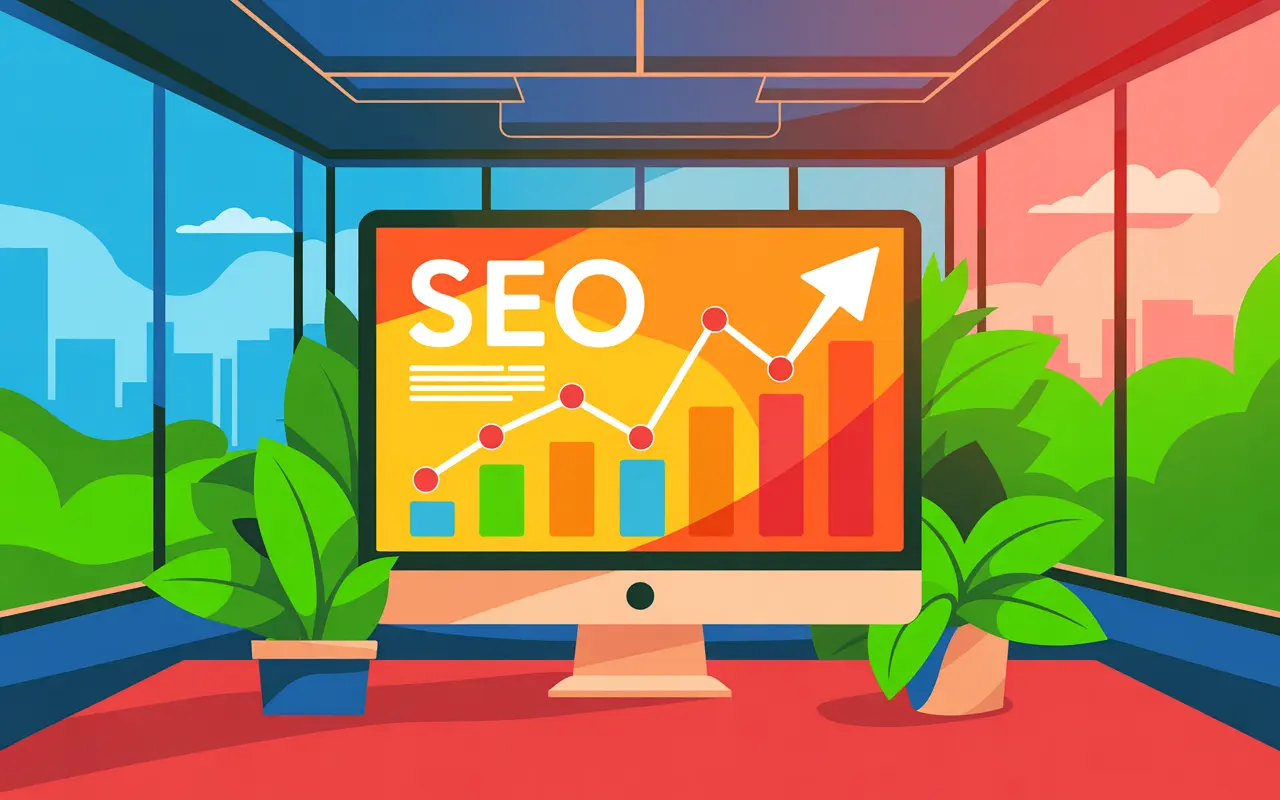 Monitor s nápisem SEO, sloupcovým grafem a rostoucí šipkou v kancelářské místnosti s rostlinami