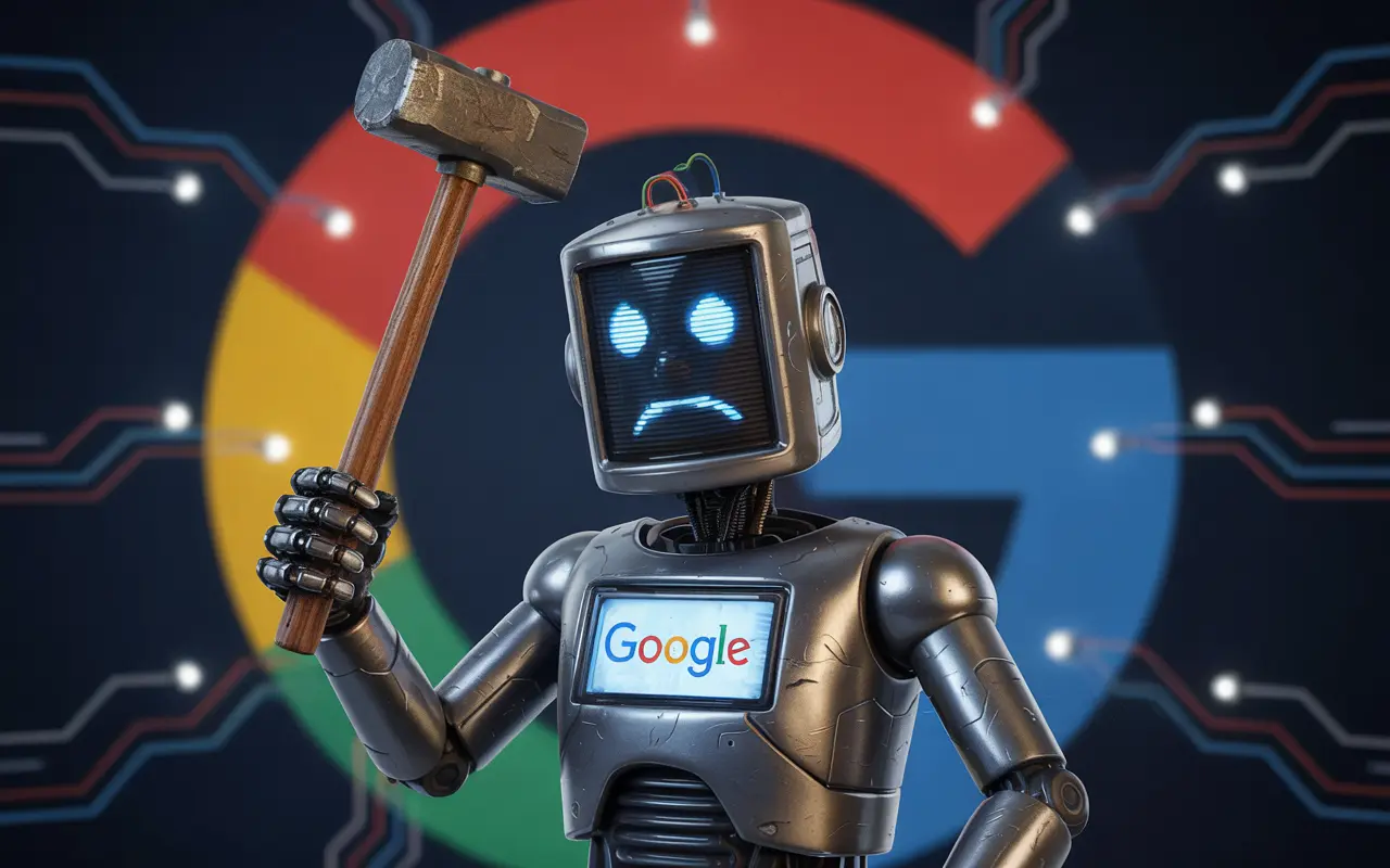 Smutný robot s logem Google na hrudi drží kladivo před velkým logem Google, symbol Spam Algo Update