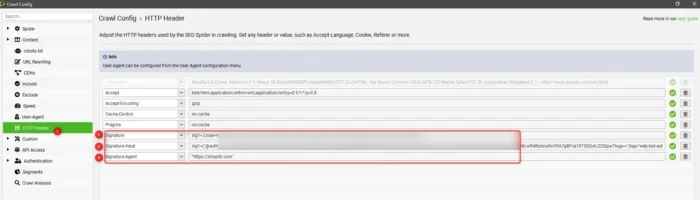 Jak povolit SEO crawlerům procházet Shopify bez omezení 3 Nastavení HTTP Header ve Screaming Frogu s vyznačenými poli Signature, Signature-Input a Signature-Agent