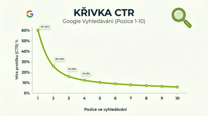 Graf křivky CTR v Google výsledcích na pozicích 1 až 10, kde CTR prudce klesá z pozice 1 a od páté pozice zůstává kolem 10 %