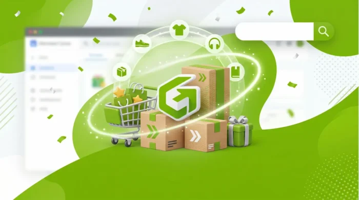 Zelená ikona s balíky, nákupním košíkem a vyhledávacím polem jako symbol feedu pro Google Shopping